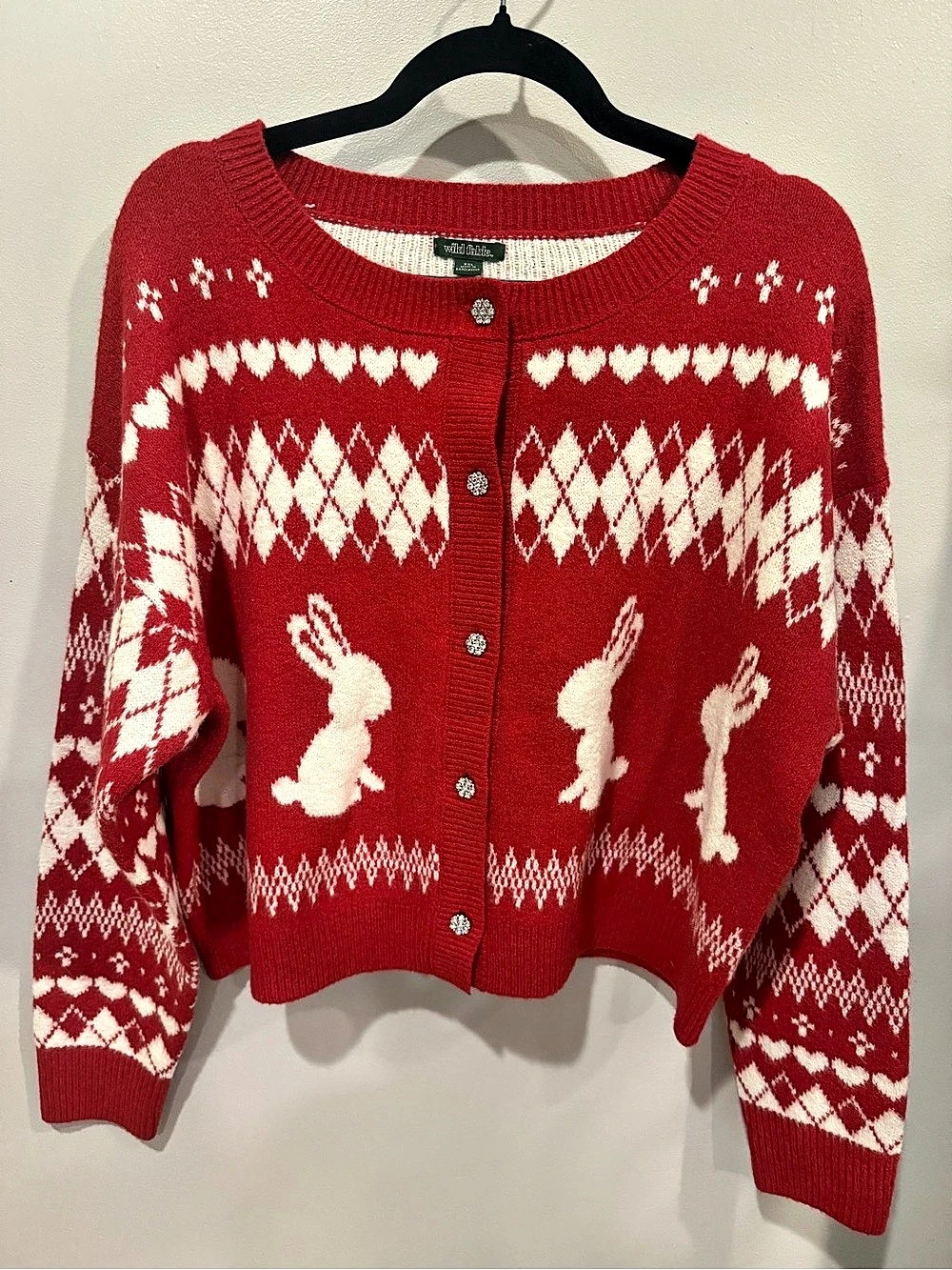 Wild Fable Red Bunny Rabbit Cropped Cardigan Sweater with Argyle Pattern xxl